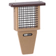 Single Cake Tail Prop Suet feeder with wire mesh cage, taupe body, and brown roof, designed for woodpeckers to easily feed and balance.