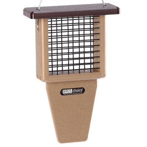 Single Cake Tail Prop Suet feeder with wire mesh cage, taupe body, and brown roof, designed for woodpeckers to easily feed and balance.