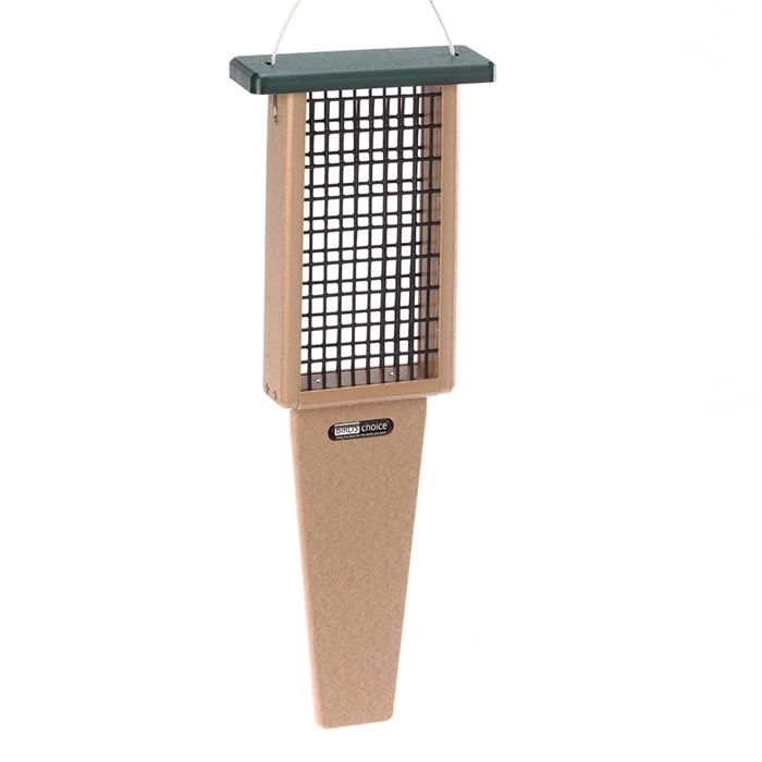 Recycled Double Cake Pileated Suet Feeder with green roof, crafted from recycled plastic, features wire sides and extended tail prop area, ideal for woodpeckers.