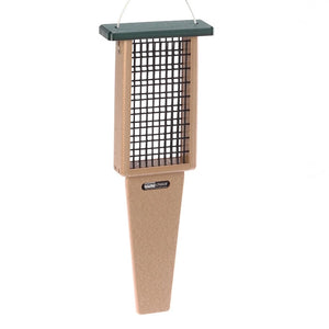 Recycled Double Cake Pileated Suet Feeder with green roof, crafted from recycled plastic, features wire sides and extended tail prop area, ideal for woodpeckers.