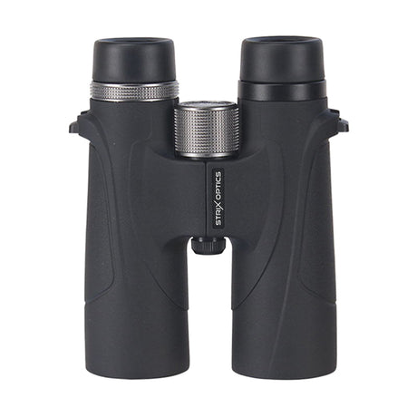 Strix Optics Sandpiper HD Birdwatching Binoculars 7075 8 x 42, featuring black body, silver accents, rubber eye cups, and BAK4 prism for sharp, vivid bird viewing.