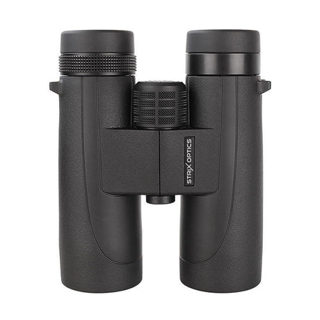 Strix Optics Sandpiper HD Birdwatching Binoculars 10x50, black, with rubber eye cups, tethered lens covers, and a neck strap, ideal for detailed bird watching.