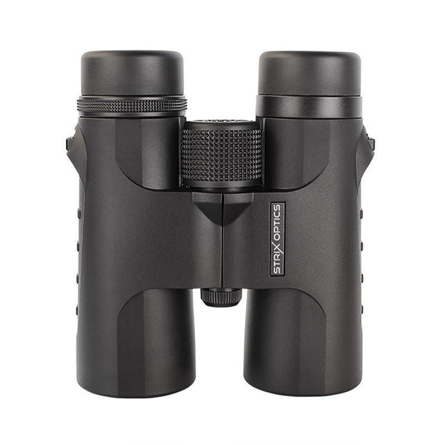 Strix Optics Wren Birdwatching Binoculars 7122 10 x 42 with 42mm lens, 10x magnification, rubber eye cups, rainguard, and lightweight design, shown with accessories.