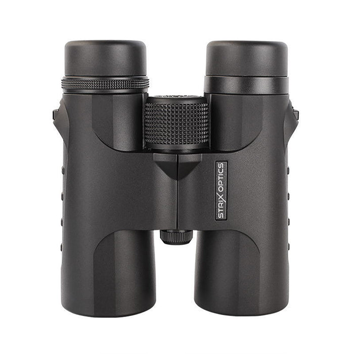 Strix Optics Wren Birdwatching Binoculars 7122 8x32 with 32mm lens, rainguard, rubber eye cups, and neck strap for beginner bird watchers.