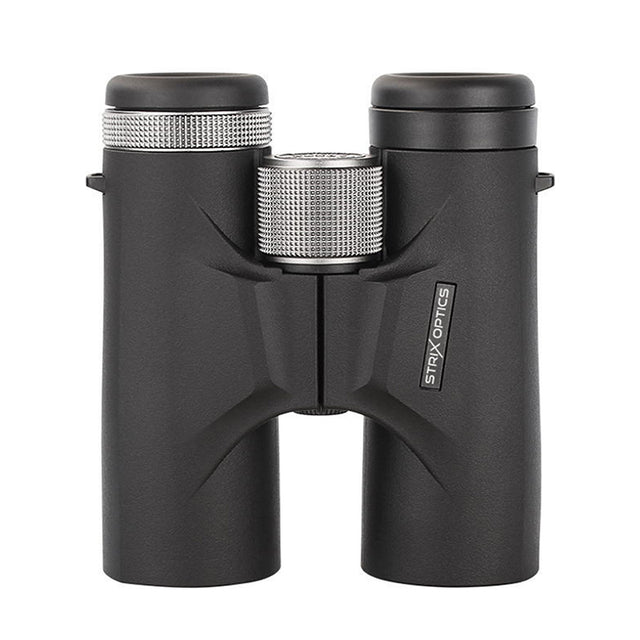 Strix Optics Sandpiper HD Birdwatching Binoculars 7126 10 x 42—black binoculars with silver accents, featuring rubber eye cups and tethered lens covers.