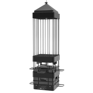 Squirrel Shield Advantage Cage Metal Bird Feeder with a cage design, sliding metal sleeve, clear plastic tube, and eight weight-activated perches to deter squirrels.