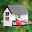 Squirrel Shield Hopper Feeder with clear plastic windows, weight-activated perches, and two feeding trays, featuring birds perched on the feeder.