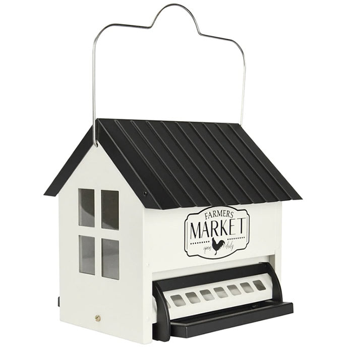 Squirrel Shield Hopper Feeder with weight-activated perches, clear plastic windows for seed viewing, and a locking roof to prevent critter access.