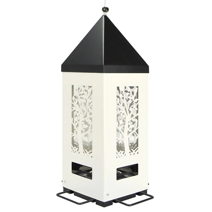 Squirrel Shield Lantern Feeder with four perches, weight-activated roof, and clear sides for seed visibility. Durable metal construction designed to deter squirrels.