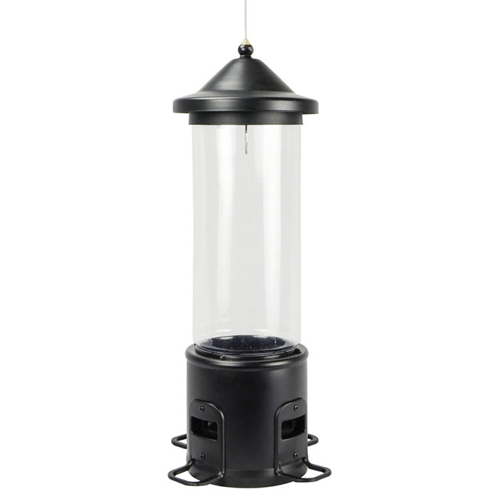 Squirrel Shield Choice Metal Bird Feeder: durable black feeder with clear glass tube, weight-activated perches, and easy-fill roof for squirrel prevention.