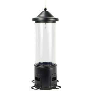 Squirrel Shield Choice Metal Bird Feeder: durable black feeder with clear glass tube, weight-activated perches, and easy-fill roof for squirrel prevention.