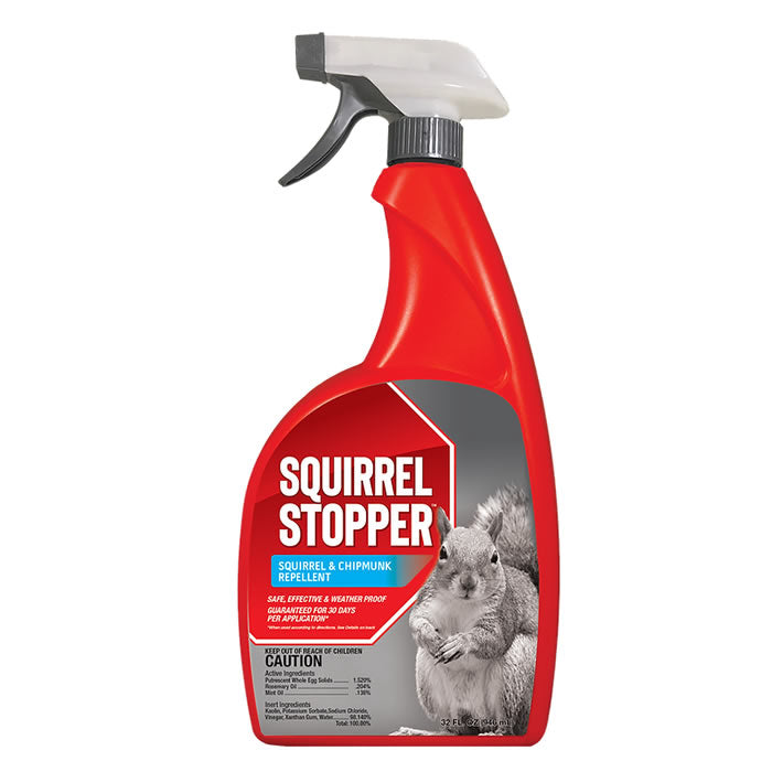 Squirrel Stopper Repellent, 32 oz. RTU, in a red spray bottle with white cap and label, designed to repel squirrels and chipmunks.