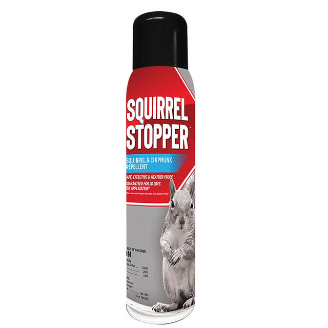 Squirrel Stopper Repellent, Spray Can, with label showing a horse, ready-to-use solution for repelling squirrels and chipmunks, safe for kids, pets, and vegetables.