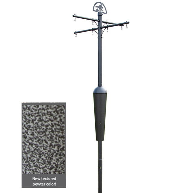 Squirrel Stopper System, Antique Pewter, featuring a sturdy pole with wires and a baffle to prevent squirrels from climbing.