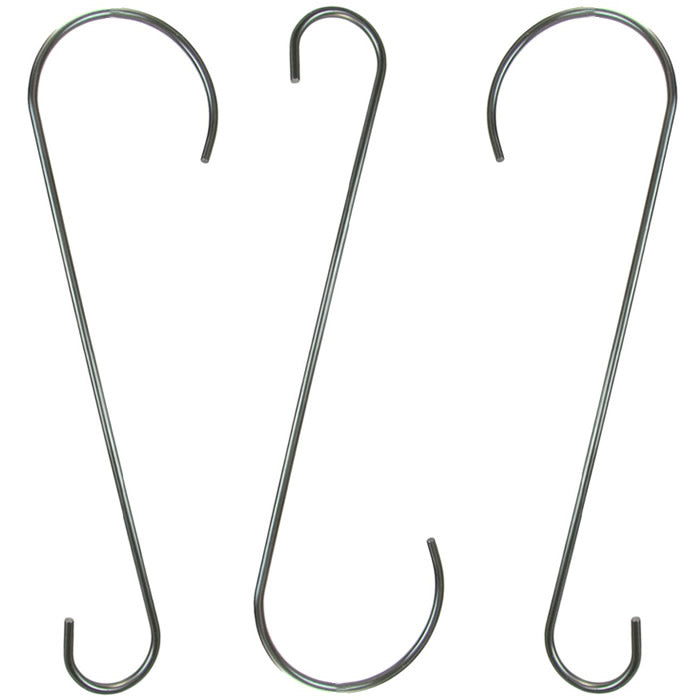 Set of 3 Squirrel Stopper 18 Heavy Duty Stainless Steel S-hooks for hanging bird feeders, featuring a strong, non-rusting design suitable for tree branches.