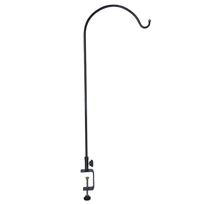 Platinum Cap Deck Hanger: Black metal pole with clamp, designed for deck railings, featuring an easy-grip knob and decorative end cap.