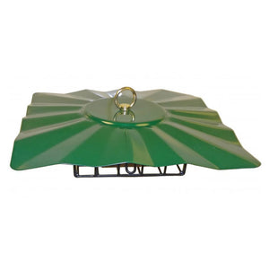 Erva Upside Down Disk Suet Feeder, Green, featuring a metal cover with a ring, designed for woodpeckers and clinging birds to feed upside down.