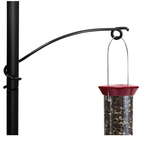 Droll Yankees Safety Wrap Hook holding a bird feeder on a pole, designed for easy installation and secure placement, enhancing your bird feeding station’s capacity.