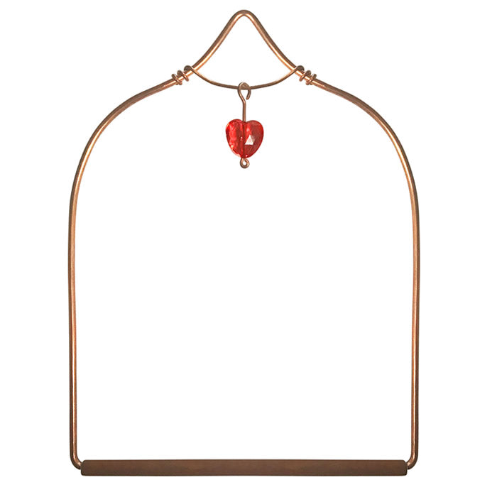 Copper Hummingbird Swing with Jewel, featuring a heart-shaped design and a red decorative bead, perfect for perching and guarding territory near feeders or flowers.