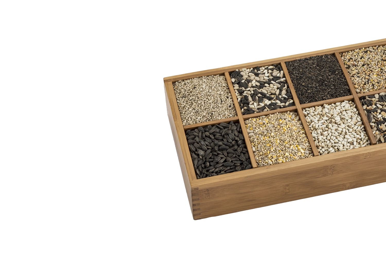 Wooden seed box with assorted wild bird seeds separated into compartments.