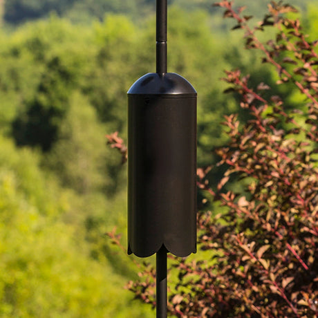 Squirrel-Proof Super Tall Quad Hanger featuring a black pole with multiple arms, designed for hanging feeders, includes a squirrel baffle for protection.