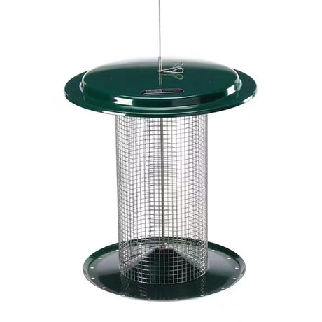 Sunflower Seed Bird Feeder, Green, features a cylindrical mesh design with a green metal roof and tray, ideal for clinging birds like finches.