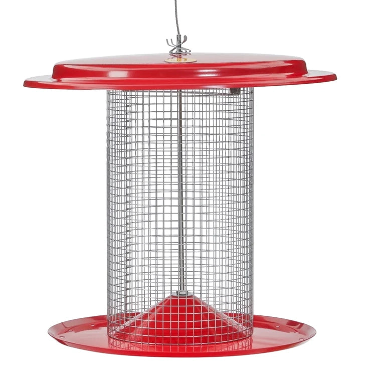 Sunflower Seed Bird Feeder, Red with wire-mesh tube, red top and bottom tray, looped hanger; holds 3 lbs. of seed, attracts clinging birds.