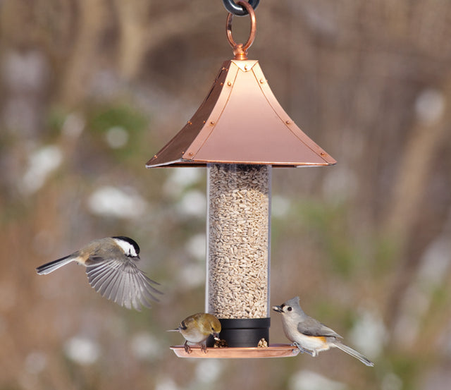 Palazzo Bird Feeder with copper pagoda-style roof and lipped feeding tray, attracting various birds.