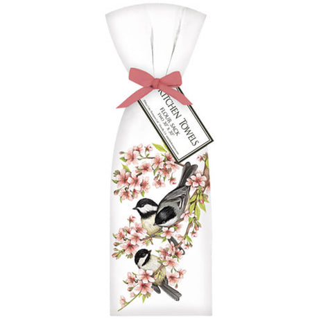 Chickadee Blossom Towel Set - Two white cotton towels featuring chickadees and flowers, tied with a matching bow, and a label. 30x30. Perfect for home decor.