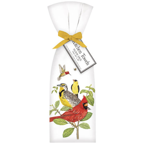 Stacked Bird Branch Towel Set featuring two folded cotton towels with bird designs, tied with a yellow bow. Perfect for home decor.