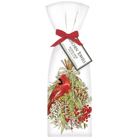 Cardinal Pine Swag Towel Set featuring white towels with red bird and pine cone designs, perfect for adding a touch of nature to your home decor.