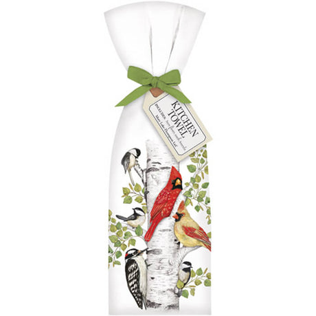 Birch Birds Spring Towel Set: A pair of white cotton towels featuring colorful bird designs, neatly tied with a matching bow and hang tag.