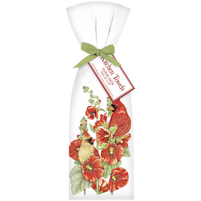 Hollyhock Cardinals Towel Set featuring white towels adorned with red birds and floral designs. Includes two 100% cotton towels, 30x30, tied with a matching bow.