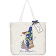 NH State Symbols Tote Bag with a deer and bird illustration, adorned with a blue bow. Perfect for carrying essentials. 100% cotton, 19 x 15.5 with a 5 gusset.