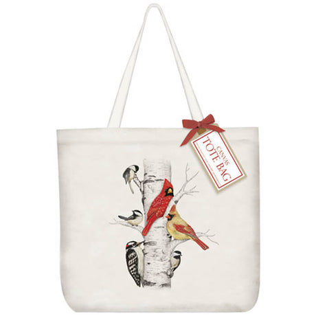 Birch Tree Birds Tote Bag featuring colorful bird designs, a matching bow, and hang tag. Made of 100% cotton, size 19x15.5x5.