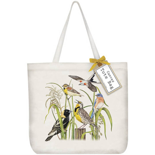 Birds in Grass Tote Bag featuring a nature-inspired design with birds and plants, 100% cotton, 19x15.5 size, and a 5 gusset.