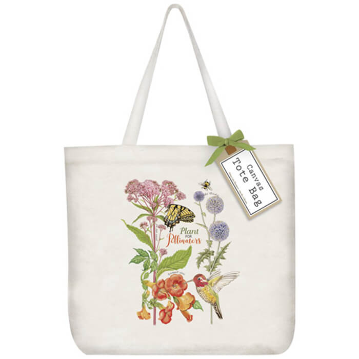 Pollinator Tote Bag: A canvas bag featuring a bird and flowers design, finished with a matching bow and hang tag. Ideal for carrying everyday items.