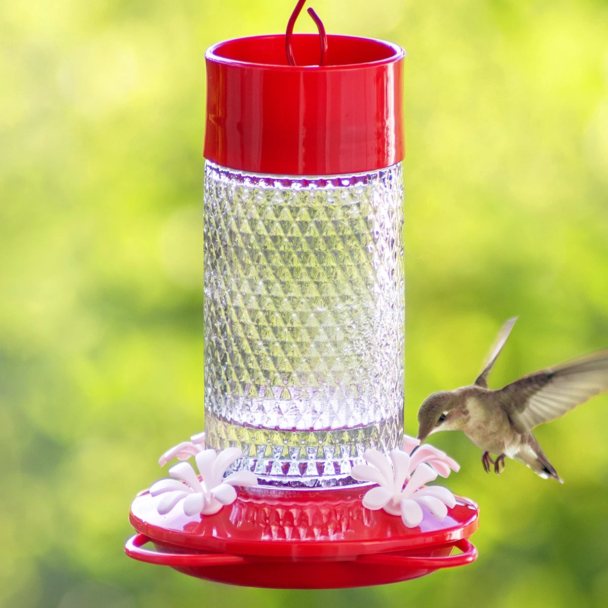 Charming Cherry Hummingbird Feeder with clear textured glass, four flower ports, built-in perches, and red plastic accents. Includes S-hook for hanging. 