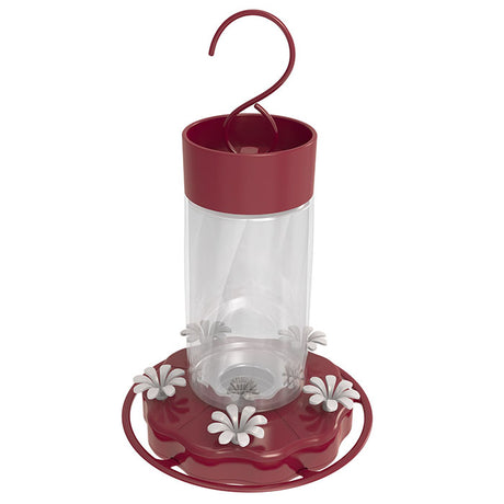 Scarlet Swirl Glass Gravity Hummingbird Feeder with hook, red lid, built-in ant moat, five flower ports, and clear reservoir embossed with leaves; 20 oz. capacity.