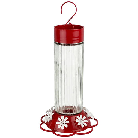 Ribbed Rose Glass Gravity Hummingbird Feeder with hook, clear glass container, red lid, seven flower ports, and built-in ant moat. Holds 28 oz. of nectar.