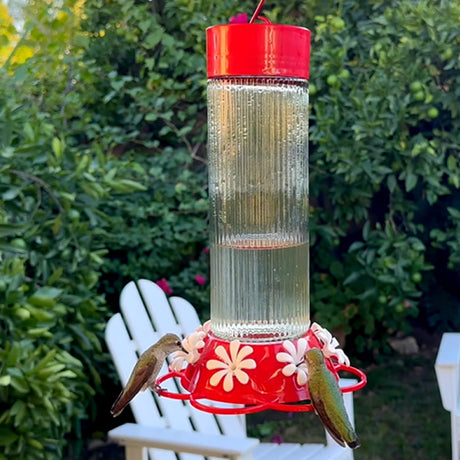 Ribbed Rose Glass Gravity Hummingbird Feeder with birds feeding from lifelike flower ports, featuring a built-in ant moat and a clear reservoir.