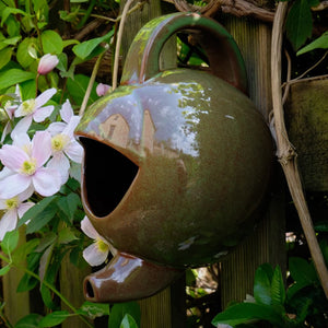 Teapot Style Bird Nester: A teapot-shaped birdhouse perched on a fence, providing a whimsical, cozy nesting spot for garden birds.