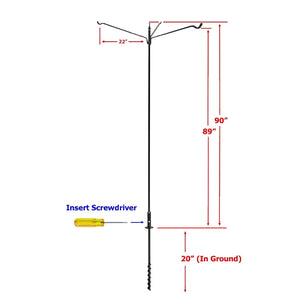 Three Arm Extended Reach Bird Feeding Station with long arms for feeders, standing tall with a three-piece sectional pole and twister ground socket.