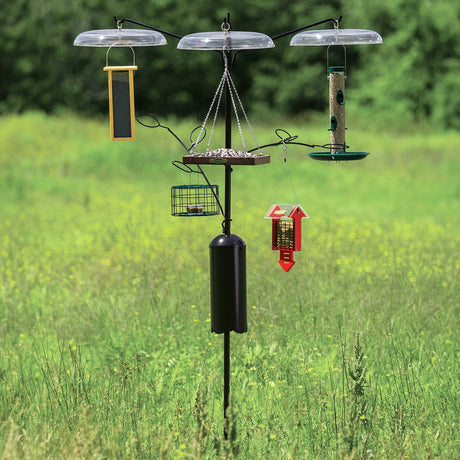 Squirrel-Proof Bird Feeding Station with Tilt Top Baffles & Quick Connect Branches in a grassy field, featuring a three-arm pole and hanging baffles.