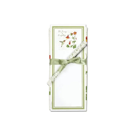 Flour Sack Towel & Magnetic Note Pad Set, Hummingbird, featuring a botanical notepad with matching pen and sheets, tied with a sage ribbon.