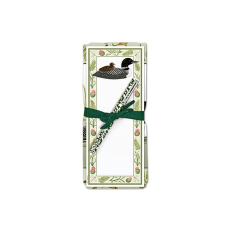 Flour Sack Towel & Magnetic Note Pad Set, Loon: Stationery notepads with botanical border, loon illustration, tied with ribbon, includes matching pen, perfect for gifting.