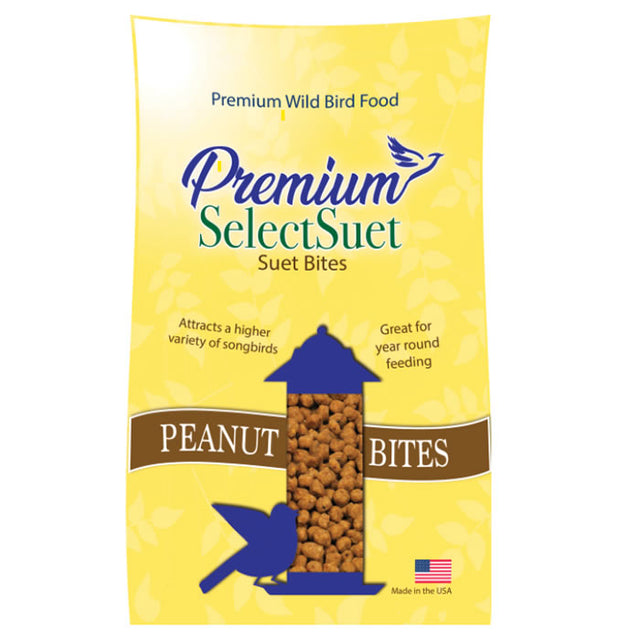 Premium Select Suet Peanut Bites, 48 oz. bag of high-energy suet bites, ideal for attracting birds, featuring rendered beef suet and roasted peanuts for easy, year-round feeding.