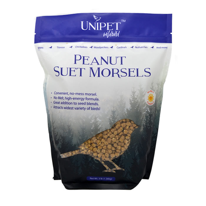 Unipet Wild Bird Peanut Suet Morsels: A resealable 3 lb. bag of peanut suet morsels designed to attract and nourish various birds year-round.