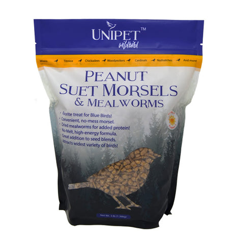 Unipet Wild Bird Peanut Morsel & Mealworms, 2.75 lb. bag, shown with resealable packaging, ideal for attracting various birds with no-mess, high-energy morsels.