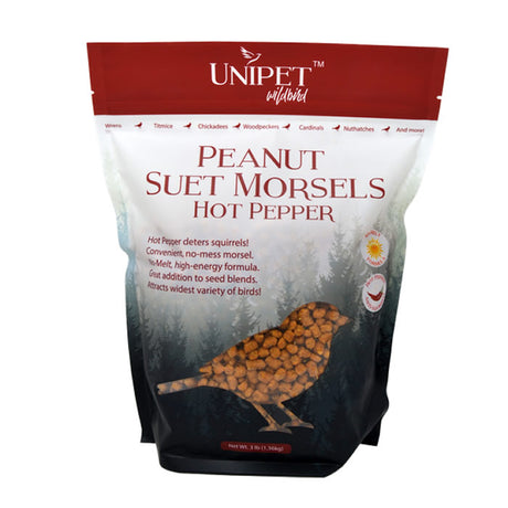 Unipet Wild Bird Hot Pepper Peanut Suet Morsels, 3 lb. resealable bag shown on a white background, ideal for attracting various birds and deterring squirrels.